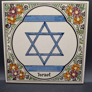 Decorative Delfts Polychrome Handpainted Tile With Star Of David Floral Design